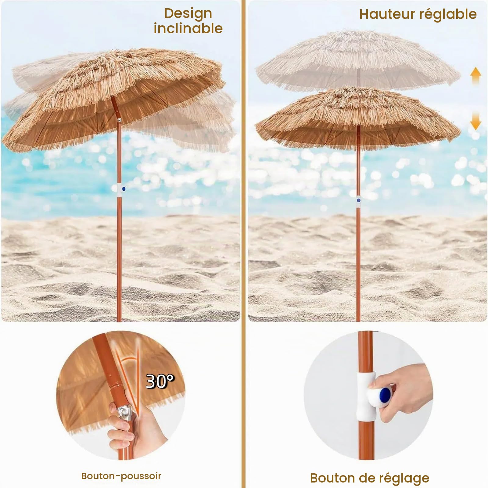 KOMFOTTEU Parasol de Paille simulée pliable, Exotique, 194 cm Haut, φ155 cm