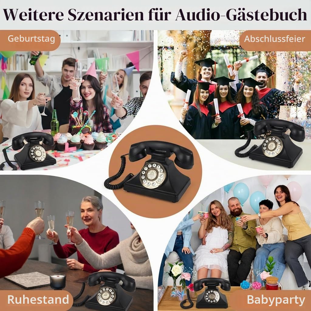 Audio-Gästebuch Hochzeitstelefon, FESTRING Retro Audio-Gästebuch,Schwarz | Hochwertige Audioaufnahmen im Gästebuch, Vintage-Schwarz-Dekor für Hochzeit, Geburtstag, Abschluss, Babyparty & Rentenfeier