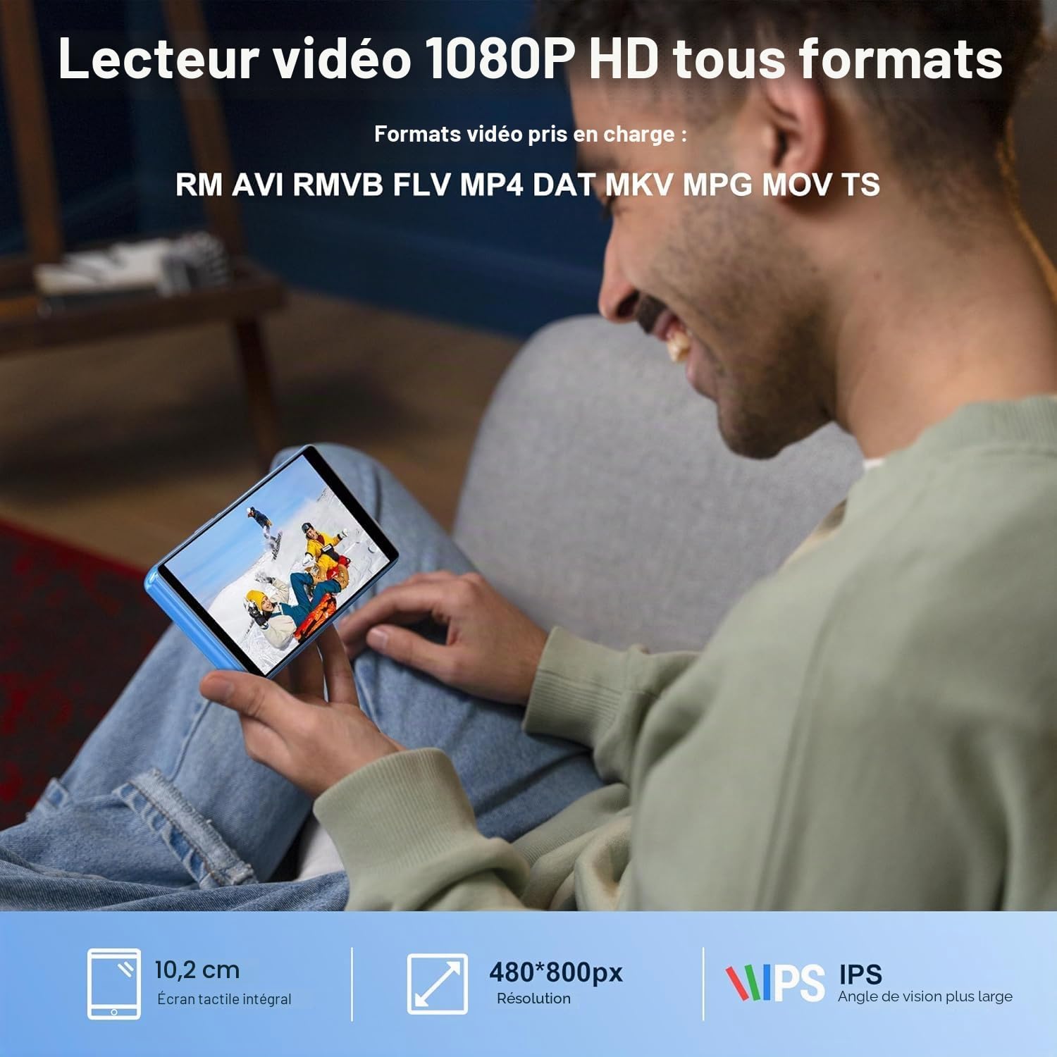 SWOFY Lecteur MP3/MP4 80 Go Bluetooth WiFi, Écran Tactile 4,0", Portable Stéréo avec Radio FM, Enregistreur, Ebook, Navigateur, Couleurs Noir/Bleu