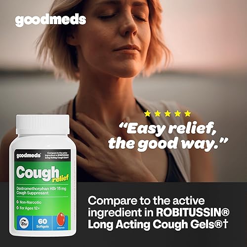 Miniatura 2 de Alivio de la tos para adultos, 60 cápsulas blandas de dextrometorfano HBr (DXM) 15 mg 8 horas, supresor bronquial no somnoliento y de larga duración