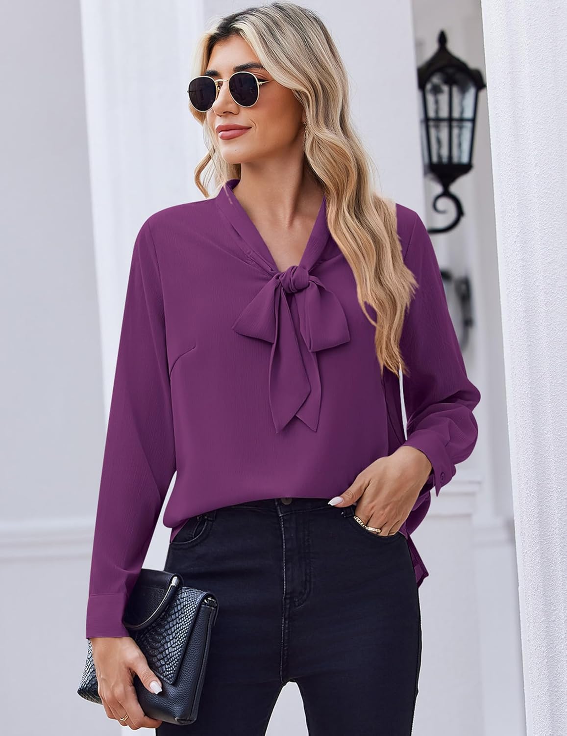 Zeagoo Womens Blouses Chiffon Long Sleeve Shirts Bow Tie Neck Work Tops Business Casual Outfits - Image 2