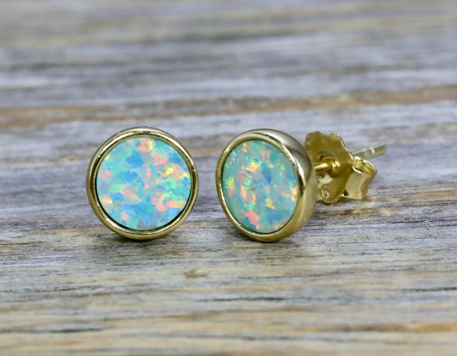 Green Blue Opal Stud Earrings- Gold-7mm- Birthday-Gift Idea- Women's Jewelry-Back to School - Image 4
