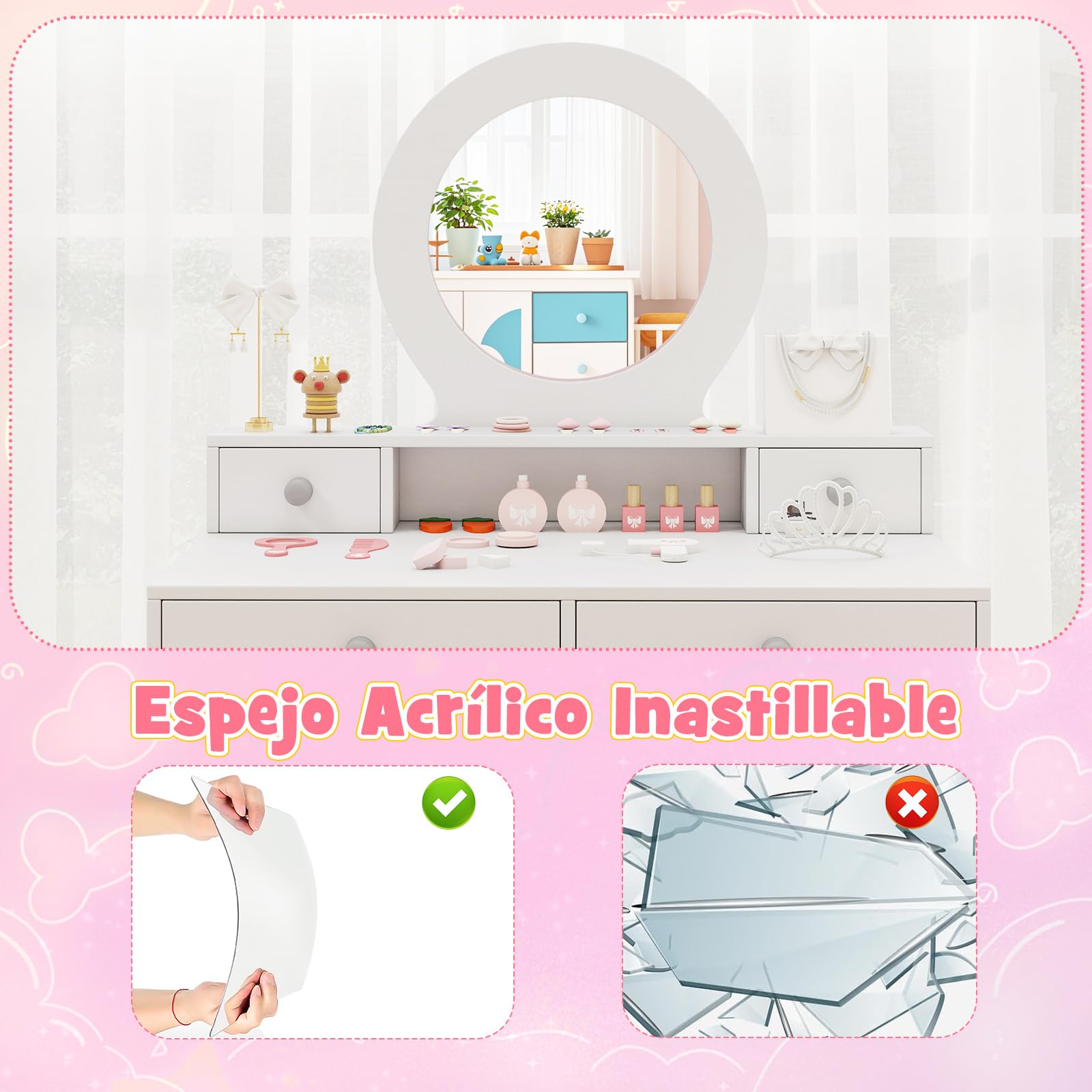 COSTWAY Tocador Niña, Tocador de Maquillaje Niña con Espejo, Tocador Madera Infantil con Estante Abierto y 4 Cajones de Almacenamiento, Tocador de Juguete para Niñas de 3+ Años (Blanco)