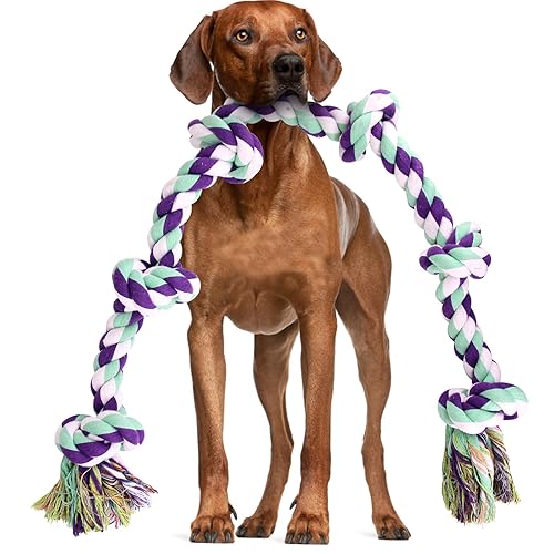 loncoldy Dog Rope Toy 42In 6 Knots Indestructible Natural Cotton - Tough Chew Toys for Medium/Large Breeds Aggressive Chewers, Daily Companionship, Heavy Duty Tug of War Dog Pull Rope Teeth Cleaning - Blue