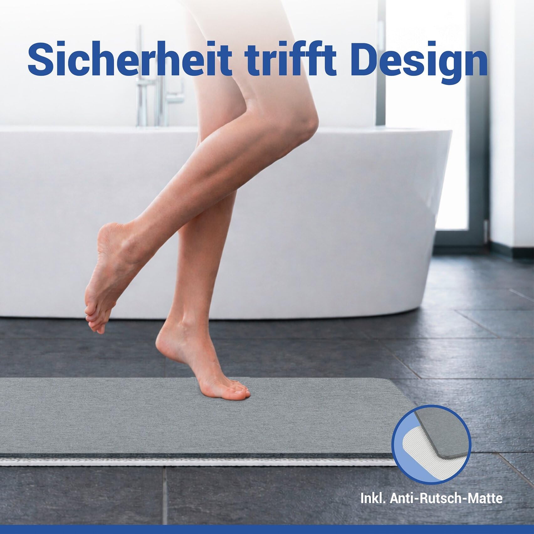 WENKO rutschfeste Badematte Mod. Simi, schnelltrocknender Badvorleger aus Diatomit (Kieselgur), stark wasserabsorbierend, saugfähiger Duschvorleger, grau