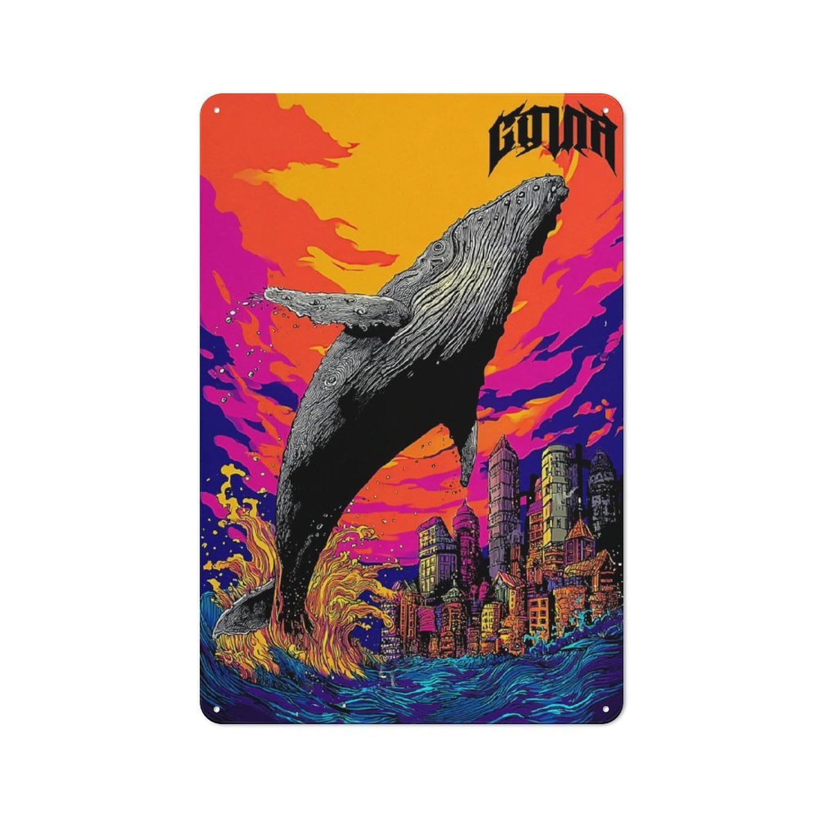 Junmoney Whale Cityscape Urban Surrealism Retro Decorative Tin Plaque 30X20cm Featuring Novelty Wall Art For Bedroom, Kitchen, Office Or Living Room