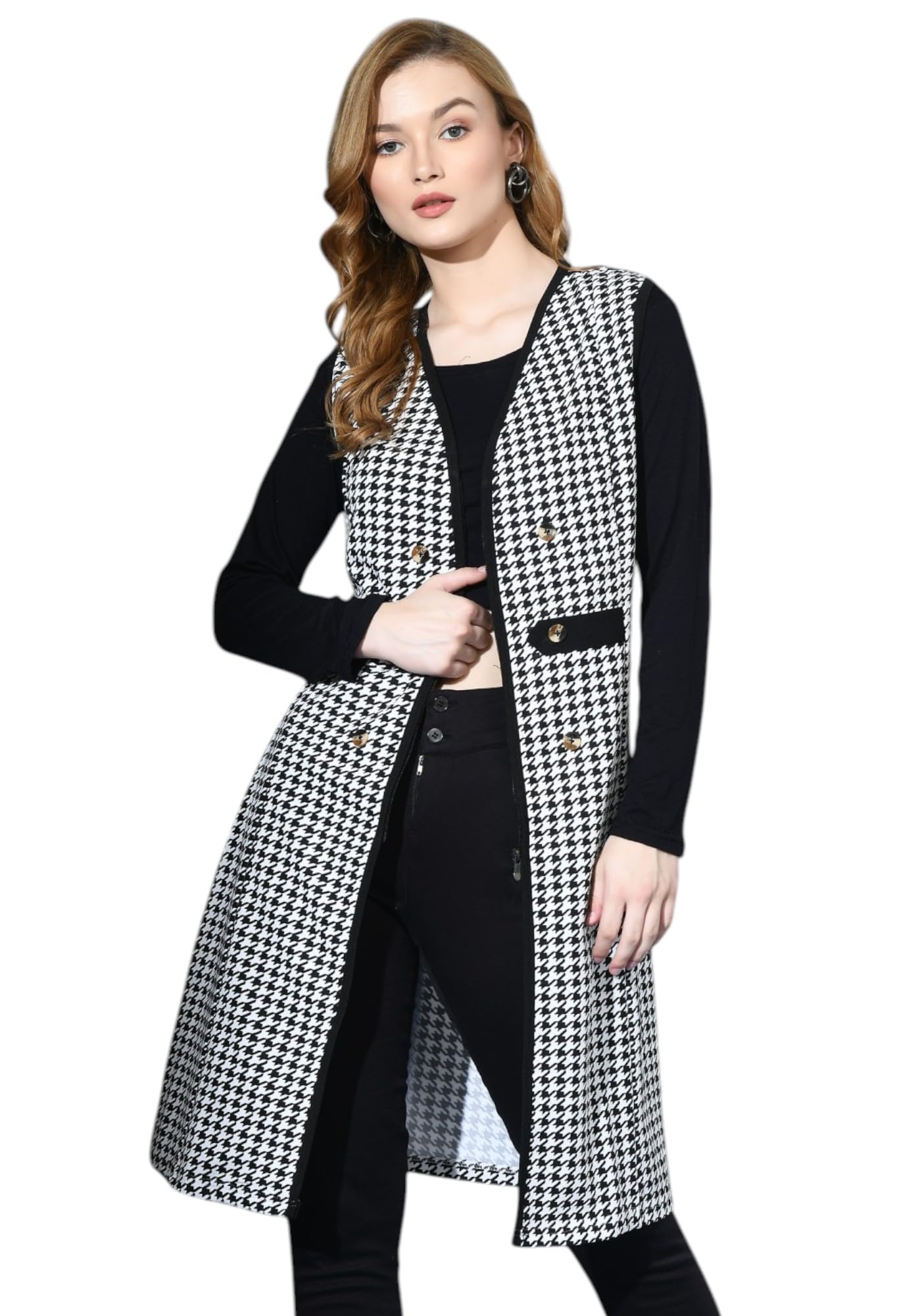 Women's Black & White Houndstooth Long Open Front Shrug