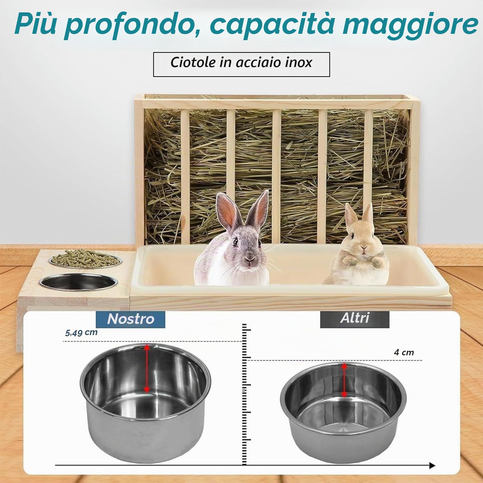 Lettiera 4 in 1 per piccoli animali da compagnia, criceti, furetto, mangiatoia, mangiatoia per fieno coniglio, mangiatoia per fieno in legno, per coniglio con vassoio (non bottiglia d'acqua)