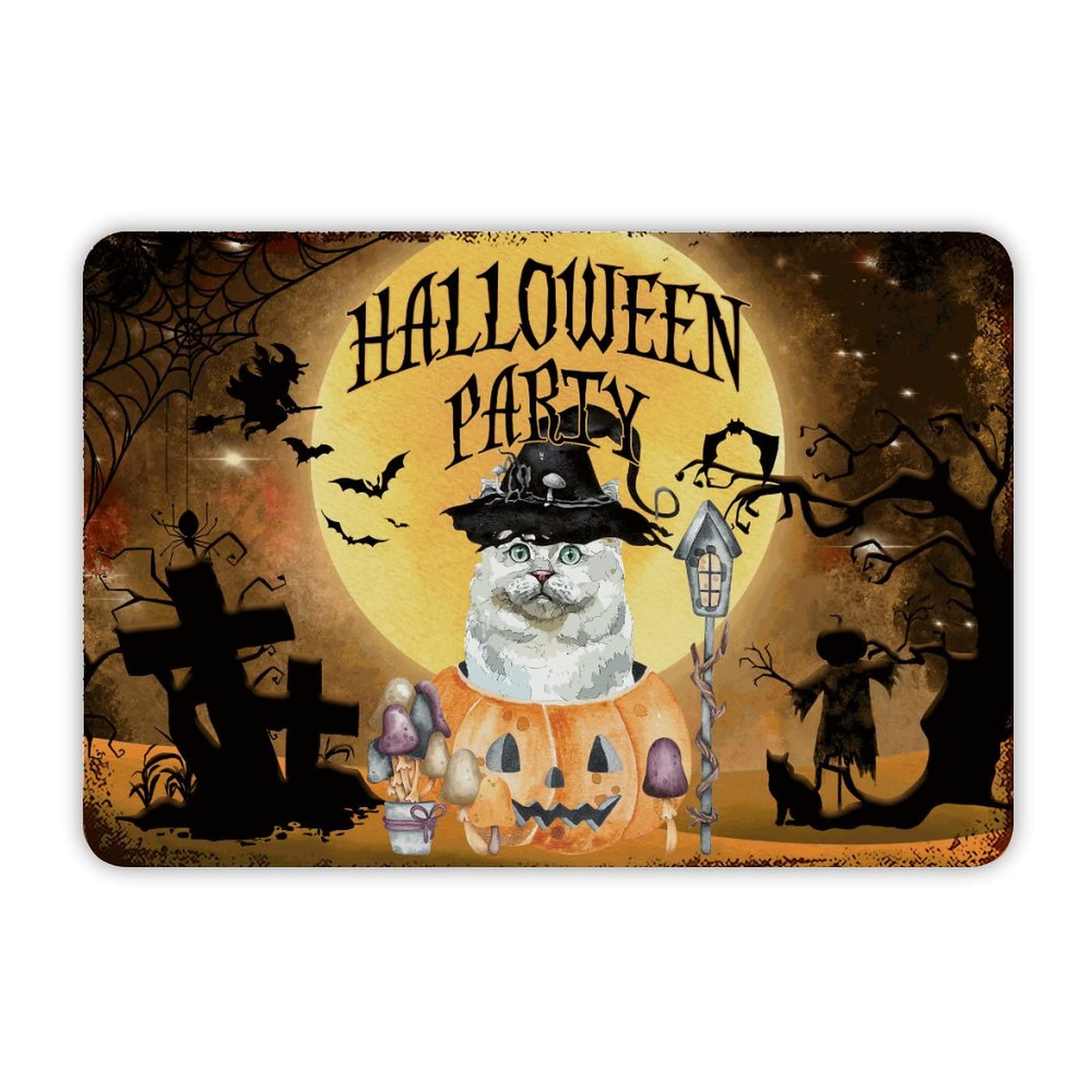 ENEDNATE Farmhouse Rustic Aluminum Sign Welcome to Halloween Party Witch Hat Cat Bats Metal Sign Retro Aluminum Tin Sign for Kitchen Bedroom Living Room Wall Art Door Hanger Home Decor Sign 8x12 Inch
