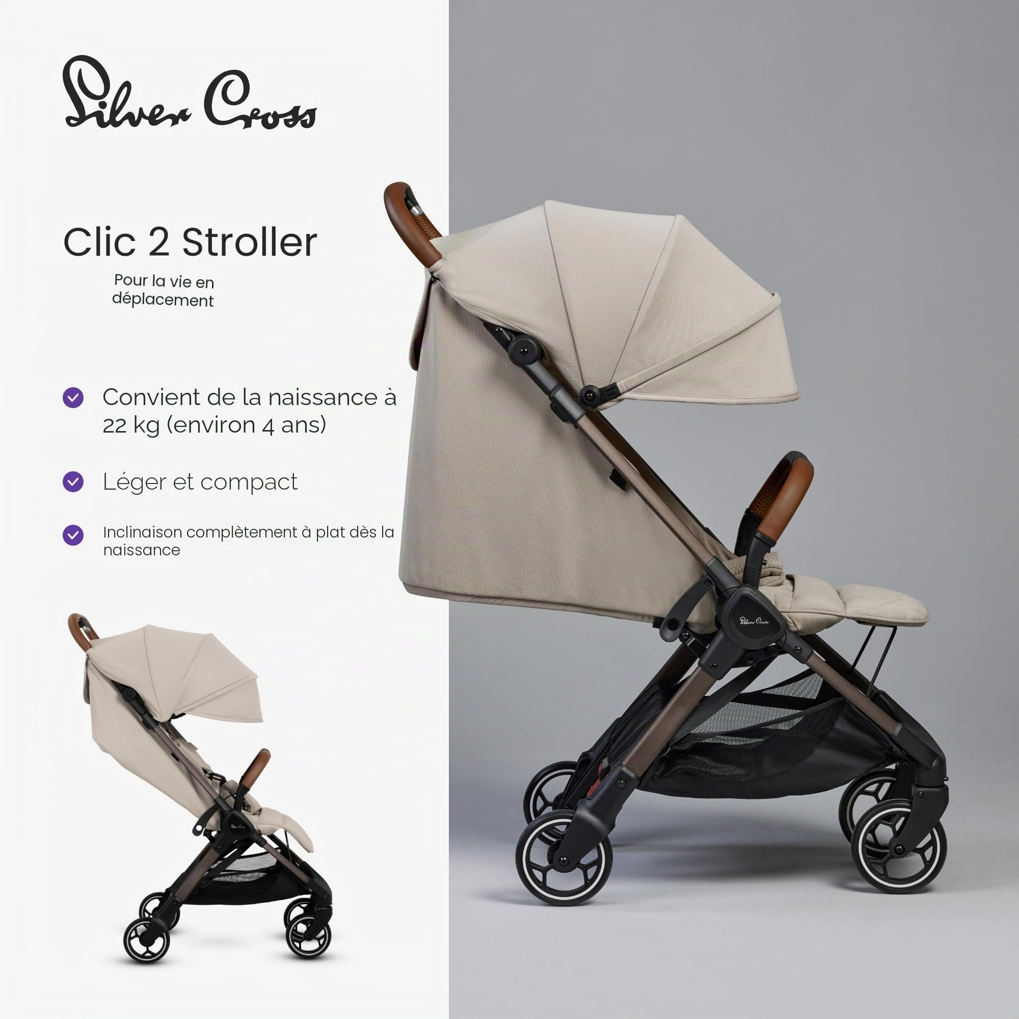 Silver Cross - Poussette compacte et sac de voyage Clic 2 - Poussette de voyage pour la vie en déplacement - Pliable et légère - Convient de la naissance à 4 ans - Latte