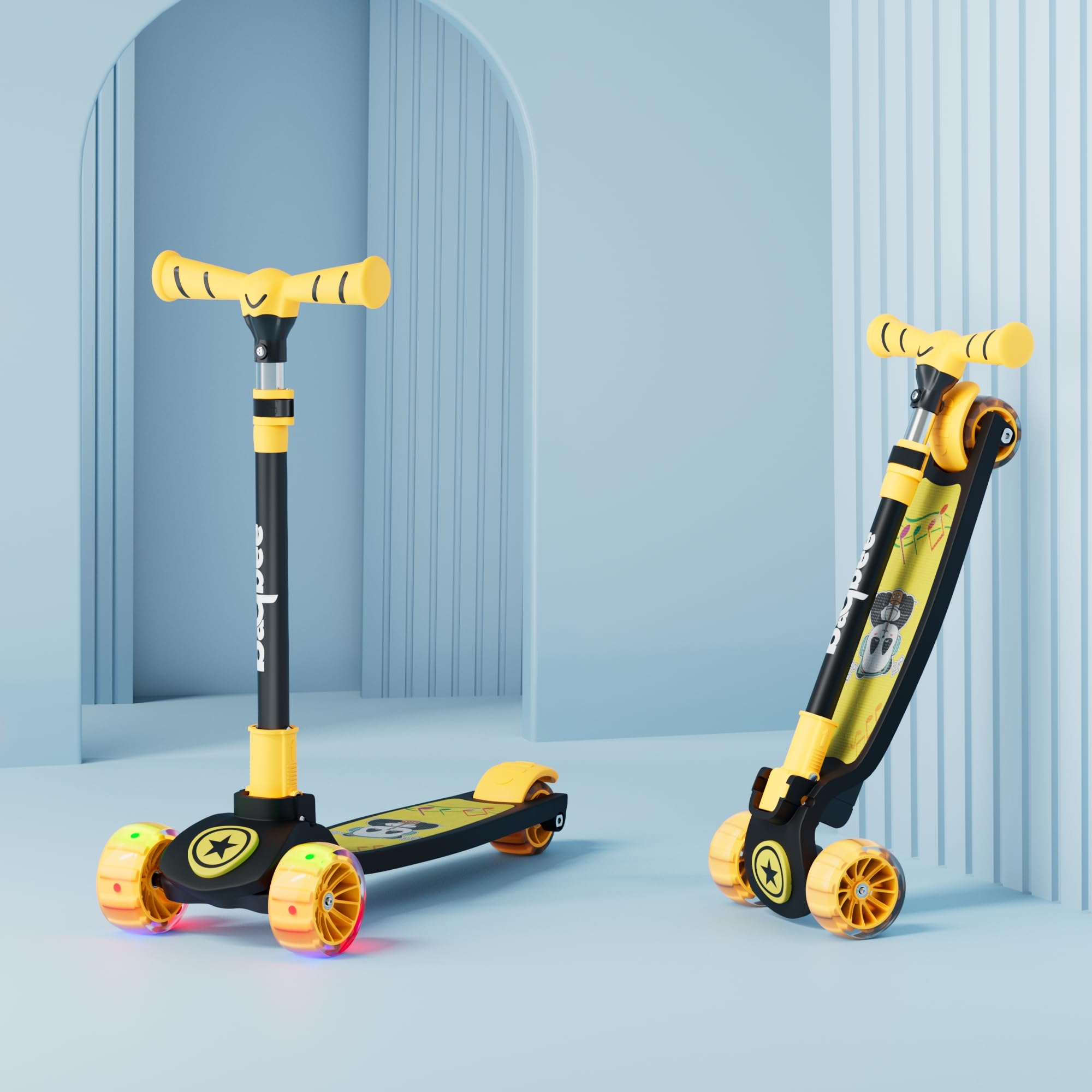 Baybee Kitty Kick Scooter for Kids | Foldable Kids Scooter with 4 Height Adjustable Handle & Brake | Skate Scooter with LED PU Wheels | Runner Scooter for Kids 3 to 10 Years Boys Girl (Yellow)-image-42