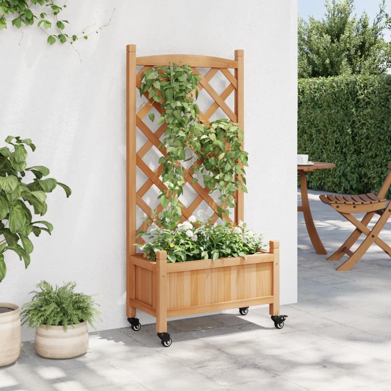 Jardinera con Enrejado y Ruedas Madera Jardinera Madera Exterior maceteros Exterior jardineras Exterior Maciza de Abeto marrón - 3207647