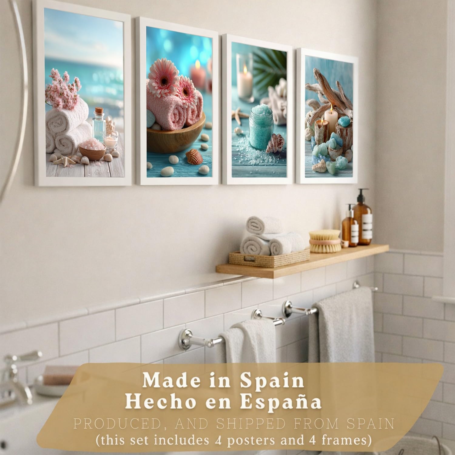 Nacnic Set De 4 Cuadros Baño Decoracion Poster Estilo Playa Spa Para Pared Lavabo Ducha Wc Y Aseo Con Conchas Velas Toallas Y Sales Marinas A4 Marco Blanco