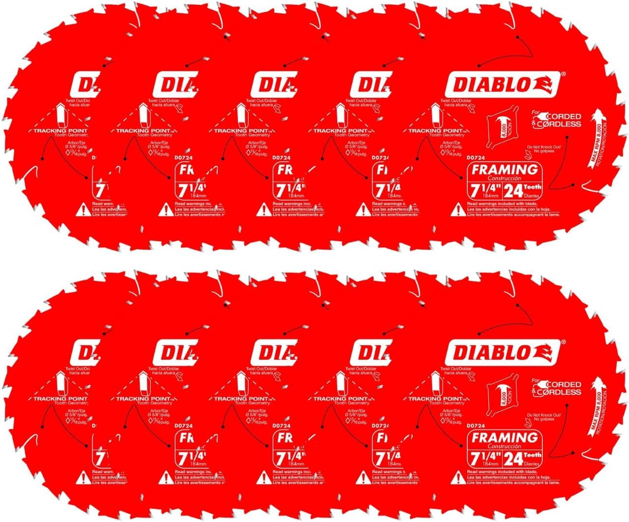 Framing Saw Blade with Perma-Shield - Tracking Point Tooth Design for Efficient Cutting - 7-1/4" x 24-Tooth, 10-Pack - D0724A