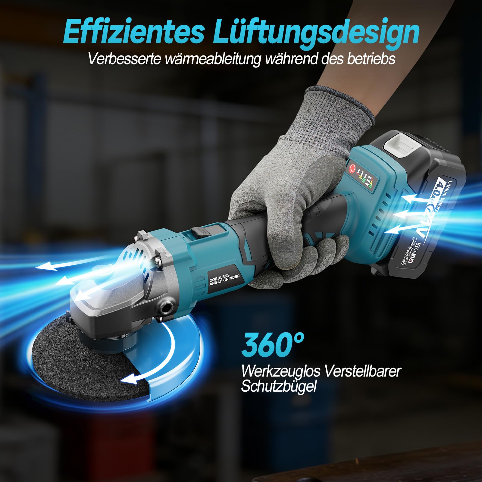 Yofuly Akku Winkelschleifer 125mm Kompatibel mit Makita 18V Akku, 3 Gang Drehzahlregelung 9000RPM, Akku Flex mit 2 * 4.0Ah Batterie, 2 Trennscheiben, 2 Fächerscheiben, 2 Schleifscheiben