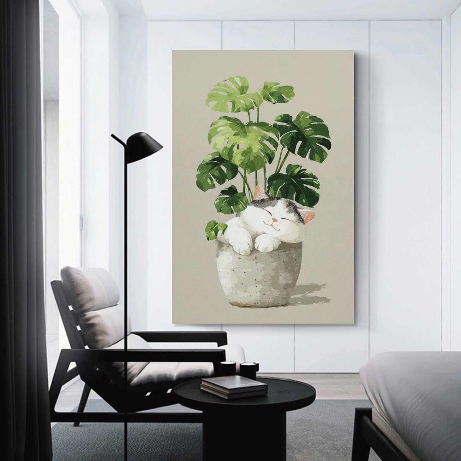 Junmoney Sleeping Cat in Plant Pot Decorative Wall Artwork 08x12inch(20x30cm), for Home Lounge, Bedroom Or Reading Nook, Easy Decor for Gallery Walls