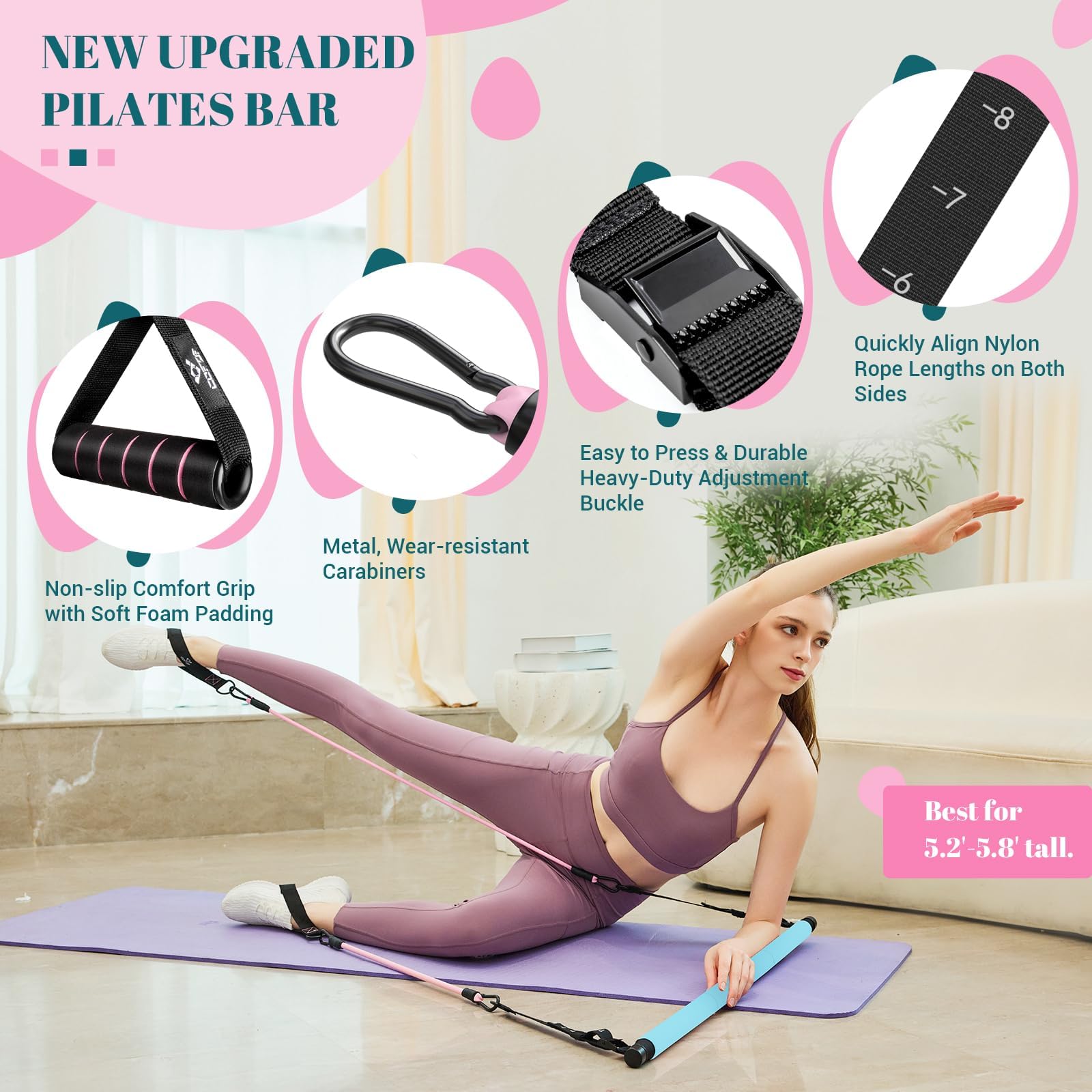 Pilates Bar Kit with Resistance Bands, Multifunctional Yoga Pilates Bar with Heavy-Duty Metal Adjustment Buckle, Portable Home Gym Pilates Resistance Bar Kit for Women Full Body Workouts