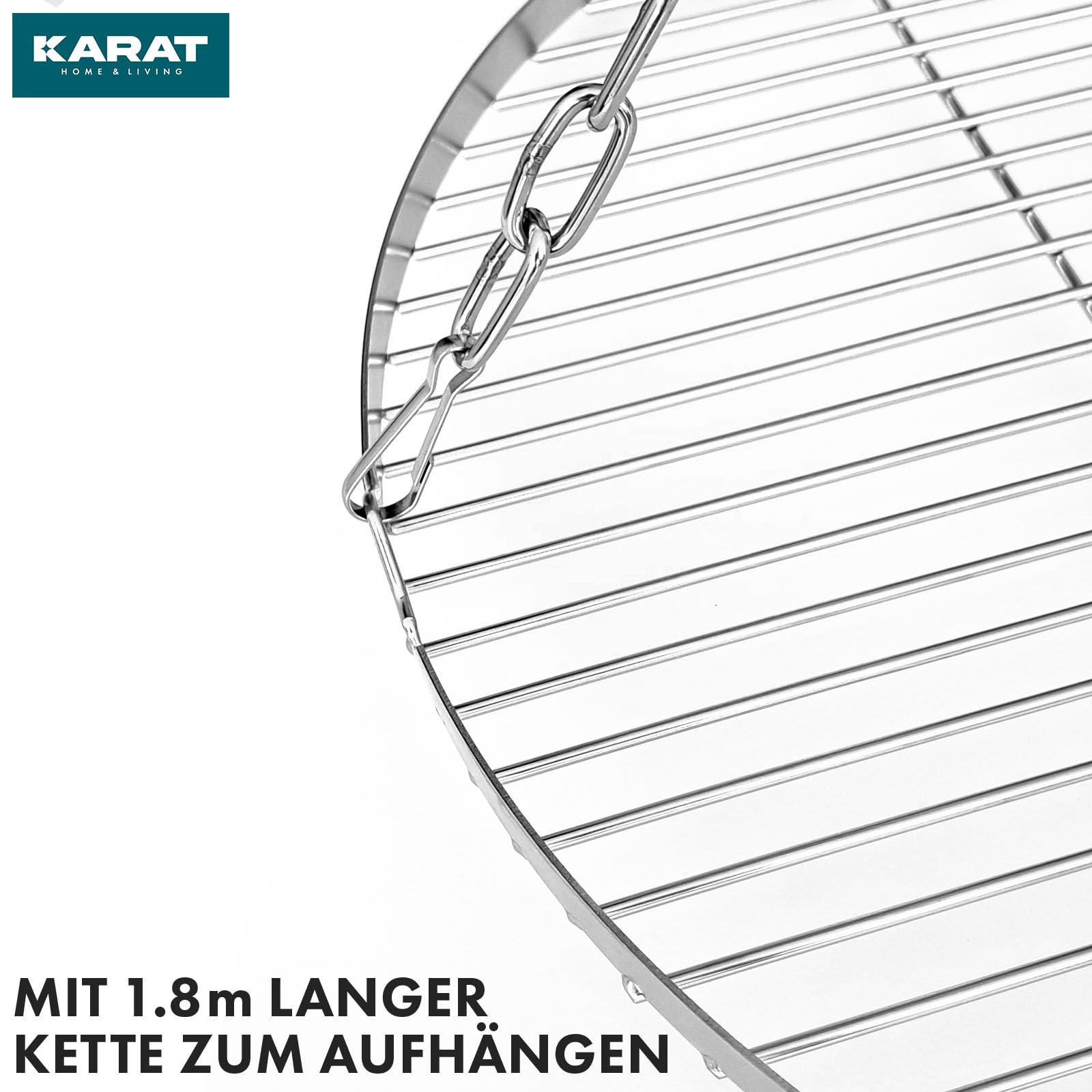 KARAT Grillrost Ø 60 cm mit Kette für Schwenkgrill, Dreibein Grill Rost, BBQ, rostfrei für Holzkohlegrill, 14mm Stababstand