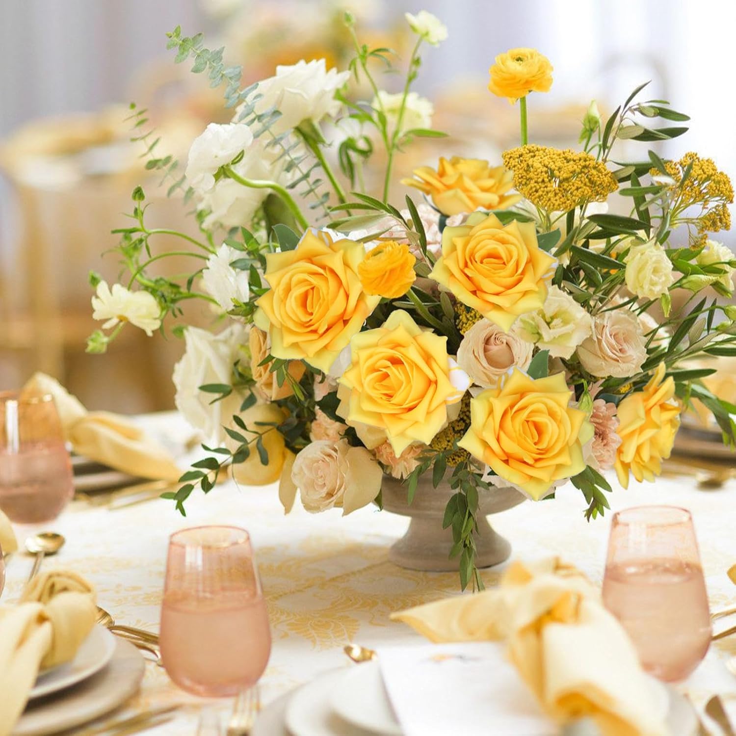 GREENTIME 12 Pack Yellow Fake Roses Artificial Flowers with Stems Silk Flower Bouquet for Home Table Centerpiece Wedding Bridal Decor Baby Shower Engagement Party Decorations - Image 6