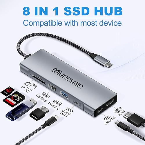 Miniatura 2 de (8 en 1) Hub USB-C con carcasa SSD M.2 NVMeSATA, adaptador multipuerto USB C 4K para portátil y MacBook, USB C a USB3.1 PD3.0 HDMI SDTF lector de