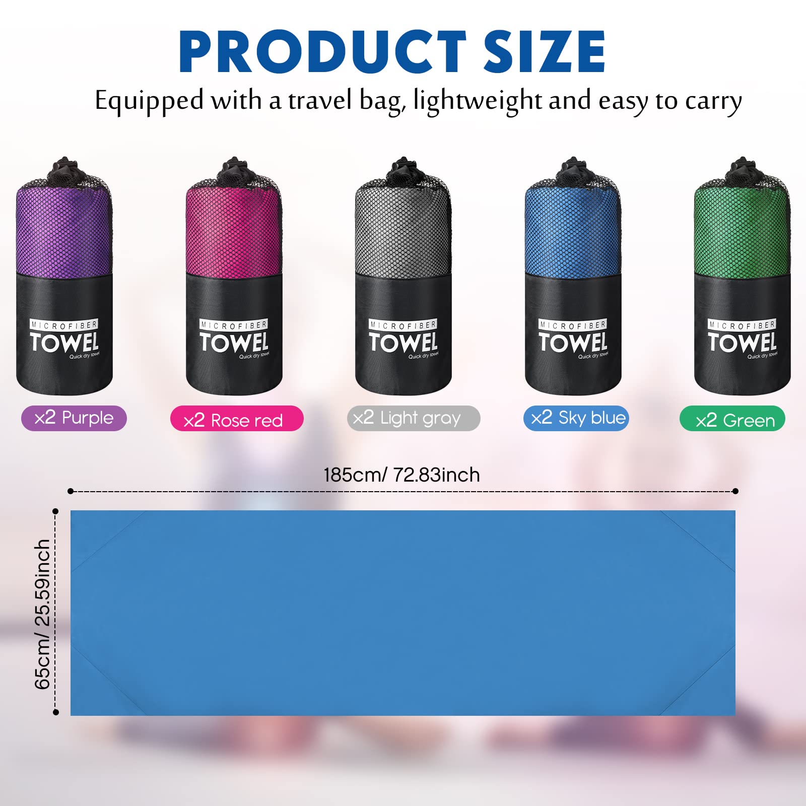 Tudomro 10 Pack Yoga Mat Towel with Corner Pockets Non Slip Yoga Towel Sweat Absorbent Microfiber Blankets with Travel Bags Long Yoga Mat Cover for Hot Yoga Workout Fitness, 73" x 26", 5 Colors