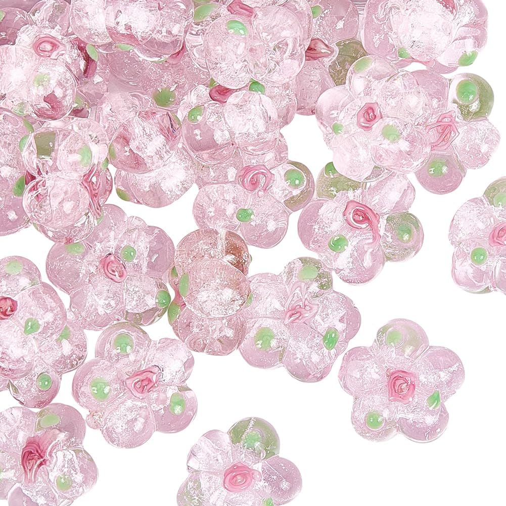 1 Box 40PCS 15MM Pink Flower Lampwork Beads with Holes Flowers Crystal Bumpy Glass Cute Transparent Floral Charms Spacer Loose Bead for Jewelry Making Earrings Necklaces DIY Craft Supplies
