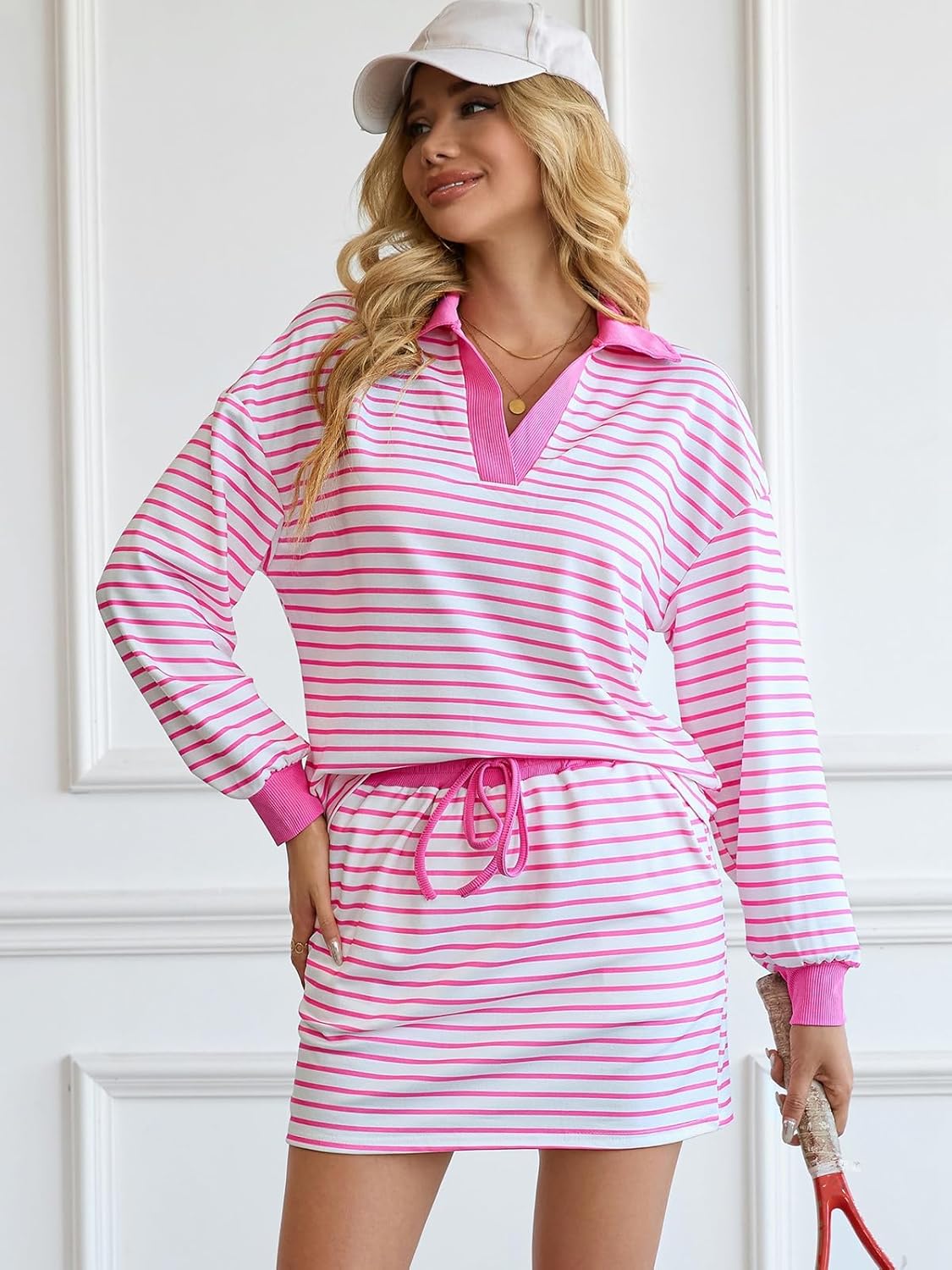 Women's 2 Piece Outfits Striped Polo Sweatshirt Skirt Sets Long Sleeve Workout Skorts Set with Pockets Built In Skorts - Image 4