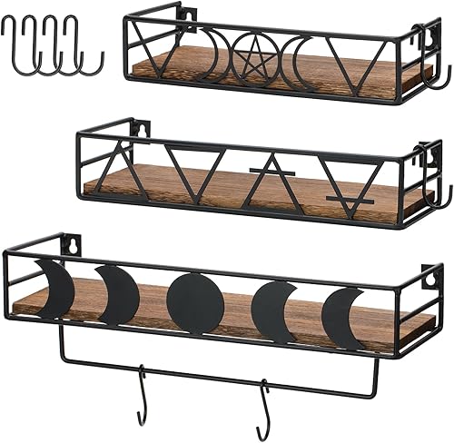 Pracaniz Estante de pared de fase lunar con 4 ganchos, estantes de pared de cocina o estantes flotantes de baño. Estante de cristal para decoración