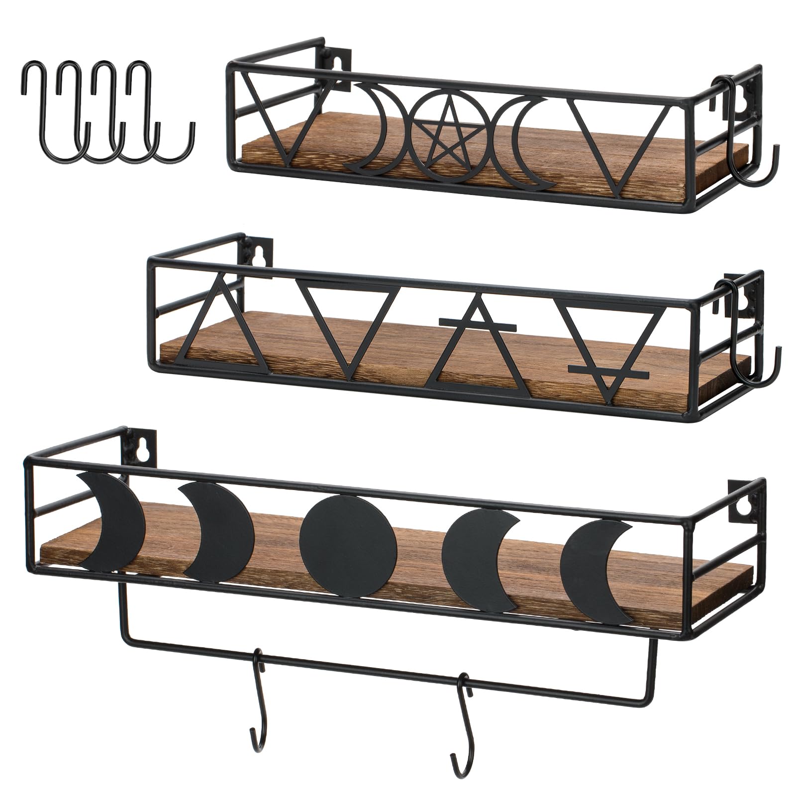 Pracaniz Moon Phase Wall Shelf with 4 Hooks, Kitchen Wall Shelves or Bathroom Floating Shelves .Crystal Shelf Display for Witchy Room Decor .Black