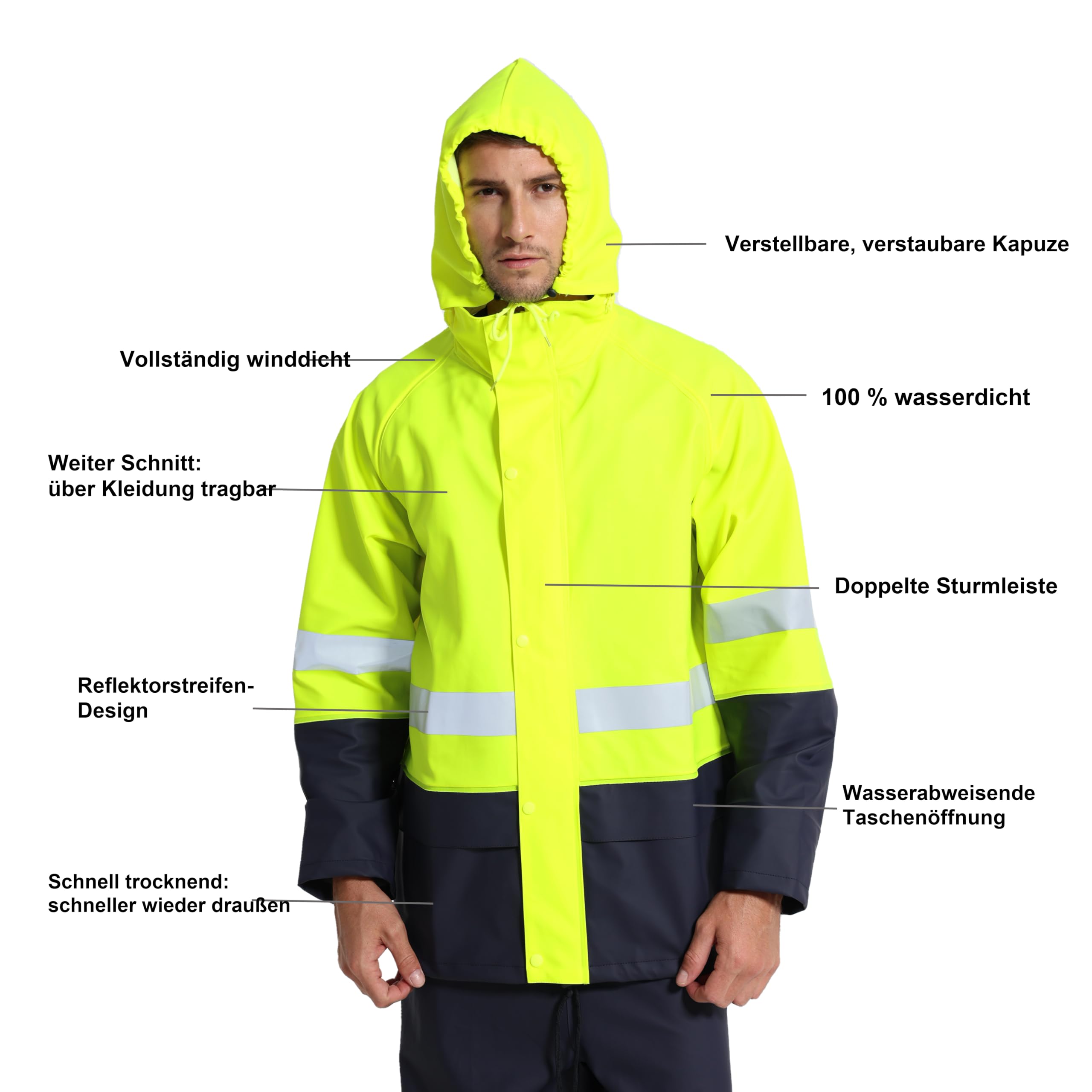 Regenanzug Herren Warnschutz Wasserdicht - PU Regenjacke & Latzhose, Regenbekleidung mit 360° Reflektoren. Ideal für Baustelle, Landwirtschaft, Outdoor