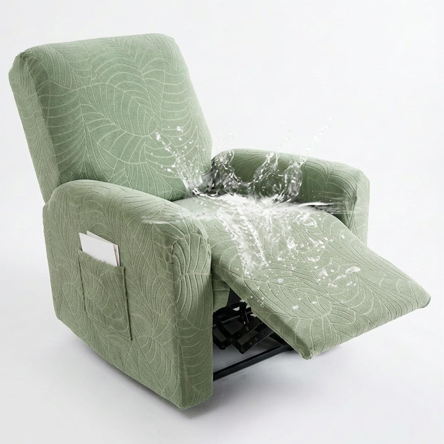 Hearda Recliner Chair Cover 1 Seater, 4 Pieces Splash-proof Recliner Sofa Covers Leaf Pattern, Recliner Slipcover for Electric Chair with Pockets,S tretch Non-Slip Armchair Covers - Light Green