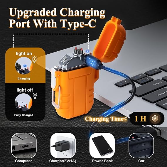LcFun Waterproof Outdoor Electric Lighter USB C Rechargeable, Windproof Flameless Dual Arc Plasma Lighters with Portable Lanyard for Adventure, Survival Tactical, Camping Gadgets for Men (Orange)