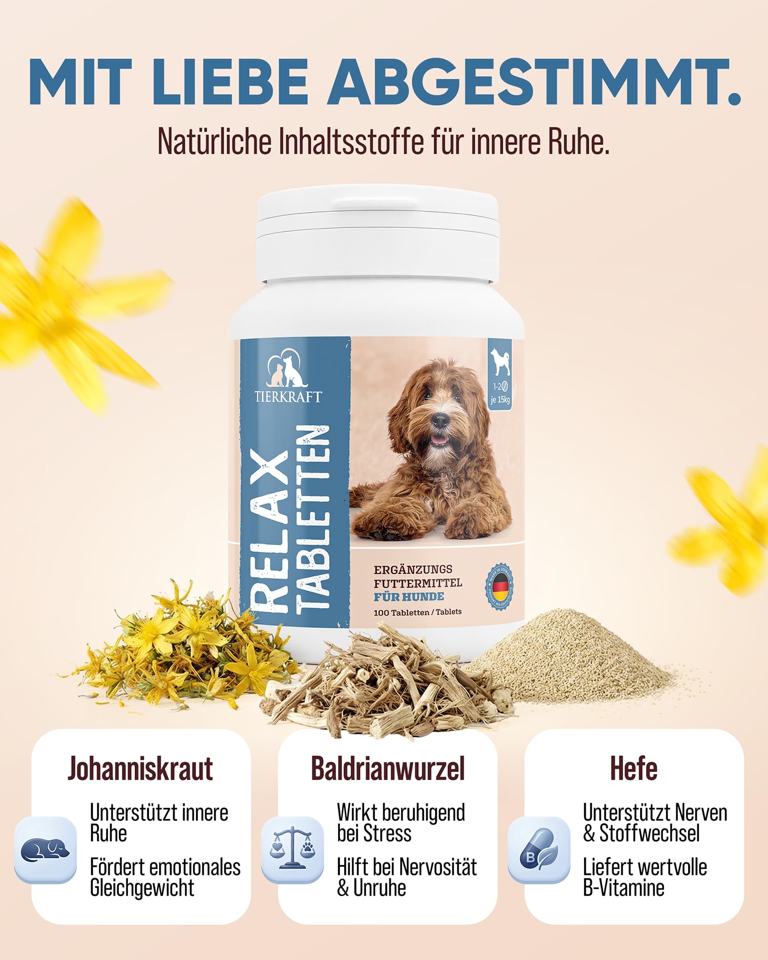 Tierkraft Beruhigungstabletten für Hunde, 100 Stück, Made in Germany | Silvester, Gewitter, Autofahrt & Tierarzt · mit Baldrian, Johanniskraut, Hefe, natürliche Kräuter hohe Akzeptanz