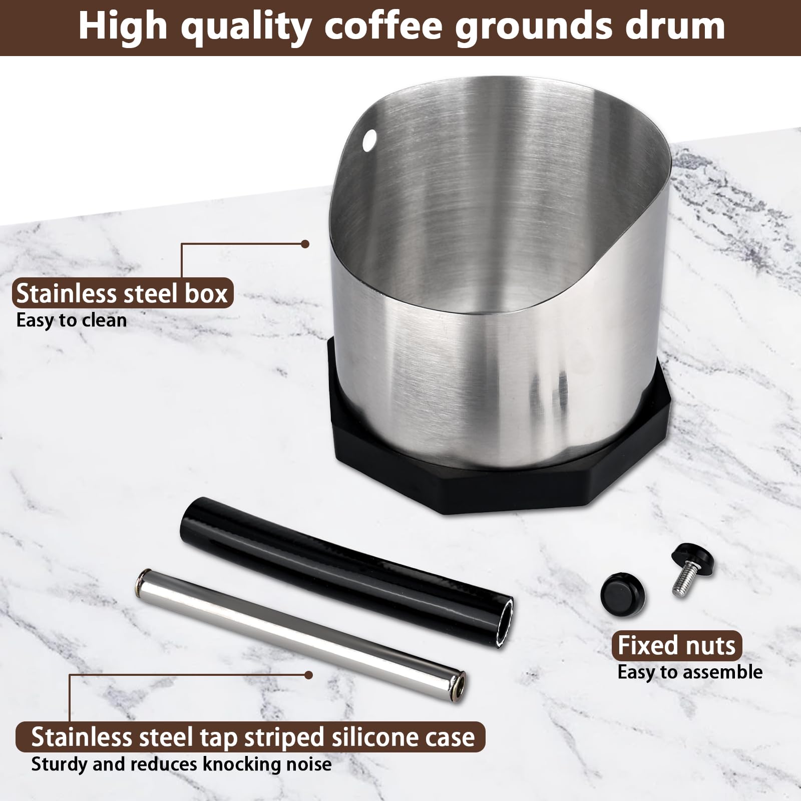 Contenitore per colino Knock Box grande capacità 1,8 l, con fondo antiscivolo, per caffè (argento)