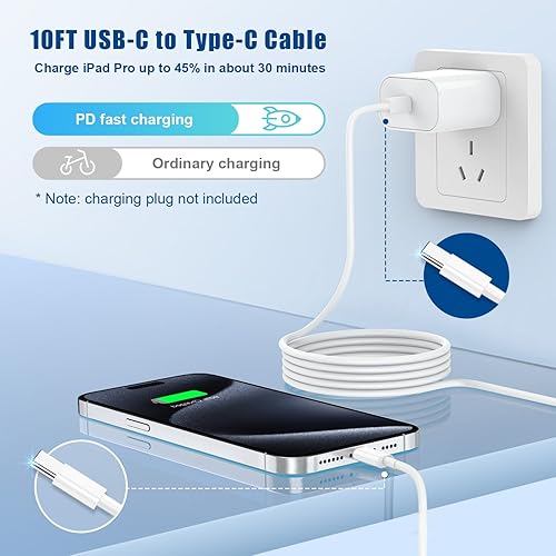 Miniatura 2 de Cable de carga rápida USB C a C de 10 pies, 60 W, cable de carga tipo C a C para Apple iPhone 15 Plus15 Pro Max, MacBook Pro 2021202020192018, iPad