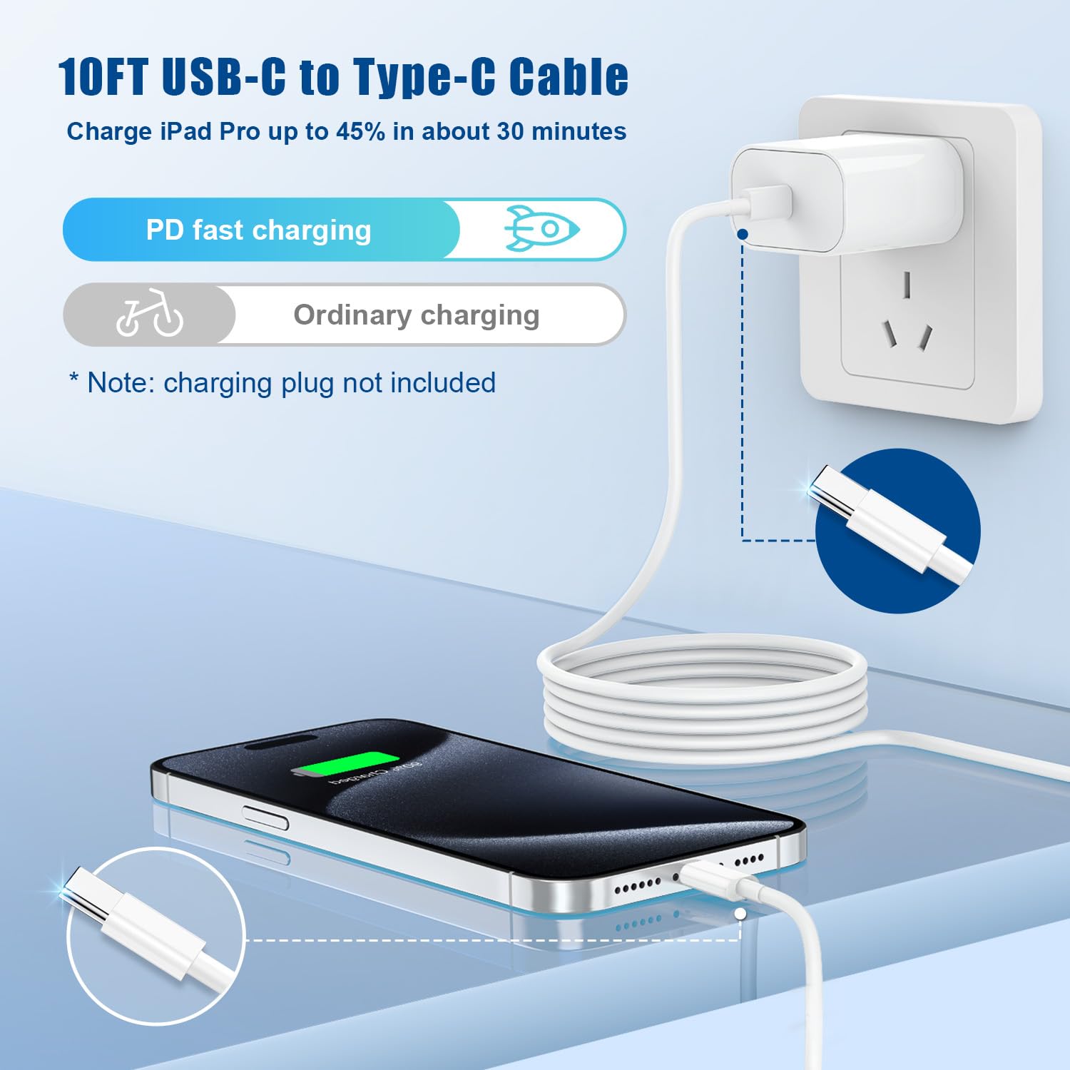 Cable de carga rápida USB C a C largo de 10 pies, cable de carga tipo C a C de 60 W para Apple iPhone 15 Plus/15 Pro Max, MacBook Pro 2021/2020/2019/2018, iPad Pro 12.9/11 pulgadas/Mini/Air 4, Samsung