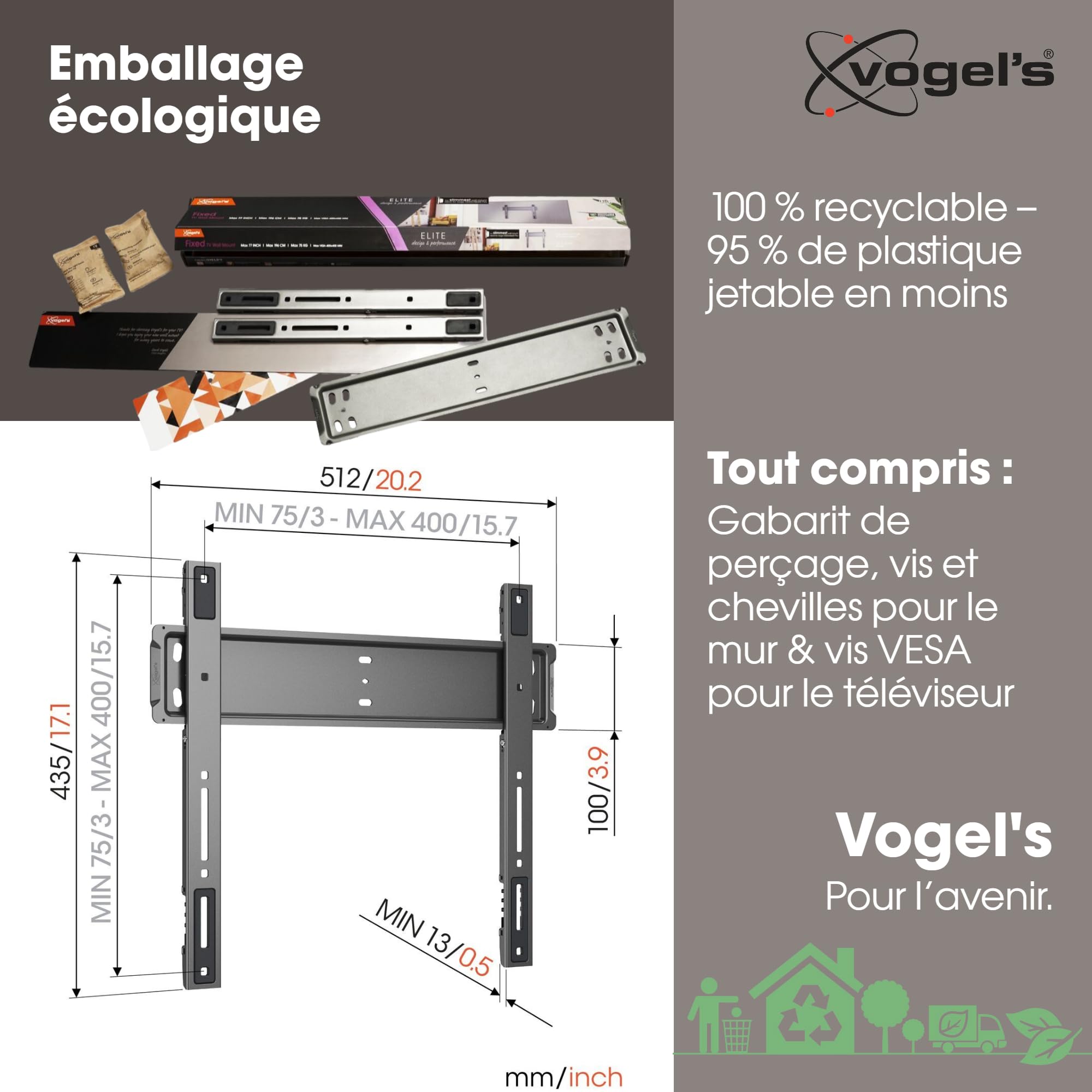 Vogel's TVM 5505 – Support Mural TV ultrafin avec GuidanceSystem™ sûr et Facile pour Grandes TV, 32-77 Pouces, Max. 75 kg, certifié TÜV, VESA 400x400, Distance Mur 1,3 cm | Seulement 13 mm du mur, Guidage innovant pour un accrochage sûr et sans effort, Ma