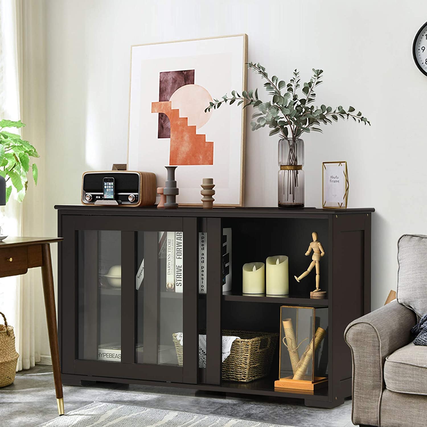 Hysache - Armario de almacenamiento de bufé de cocina, aparador apilable con puertas correderas y estante ajustable en altura, armario pequeño para el hogar, cocina, comedor (color espresso) (HW53867) 8