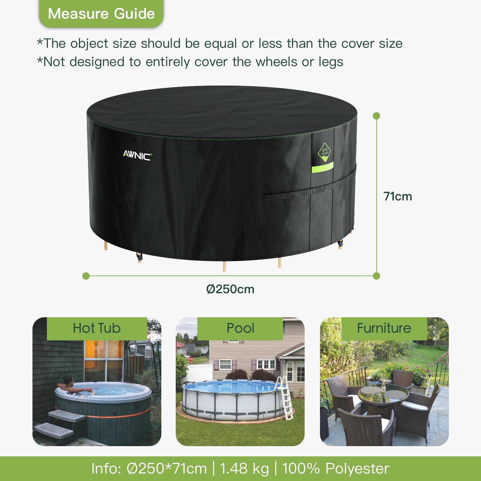 AWNIC Housse pour meubles de jardin imperméable avec crochets en tissu Oxford 420D robuste, coupe-vent et anti-UV avec grille d'aération, housse ronde noire (diamètre 250 x 71 cm)