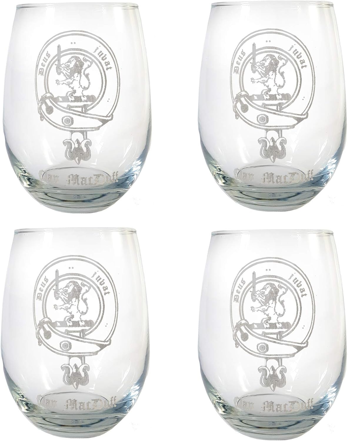 MacDuff Scottish Clan Crest Clear Stemless Wine Glass 18 oz Set of 4 - Personalized Heraldic Engraving