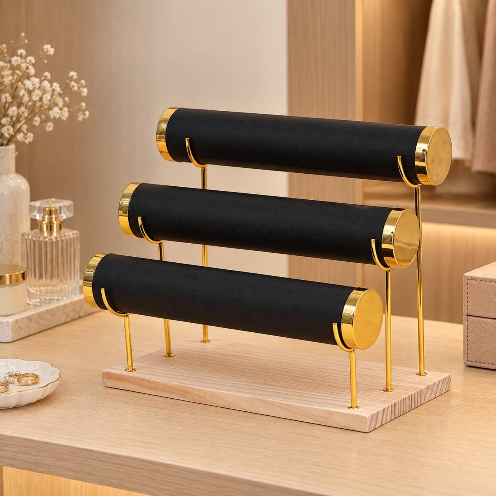 Expositor Triple Niveles para Pulseras sin Nudos Rack Pulseras con Base Compacto Joyero para Tocador, PU