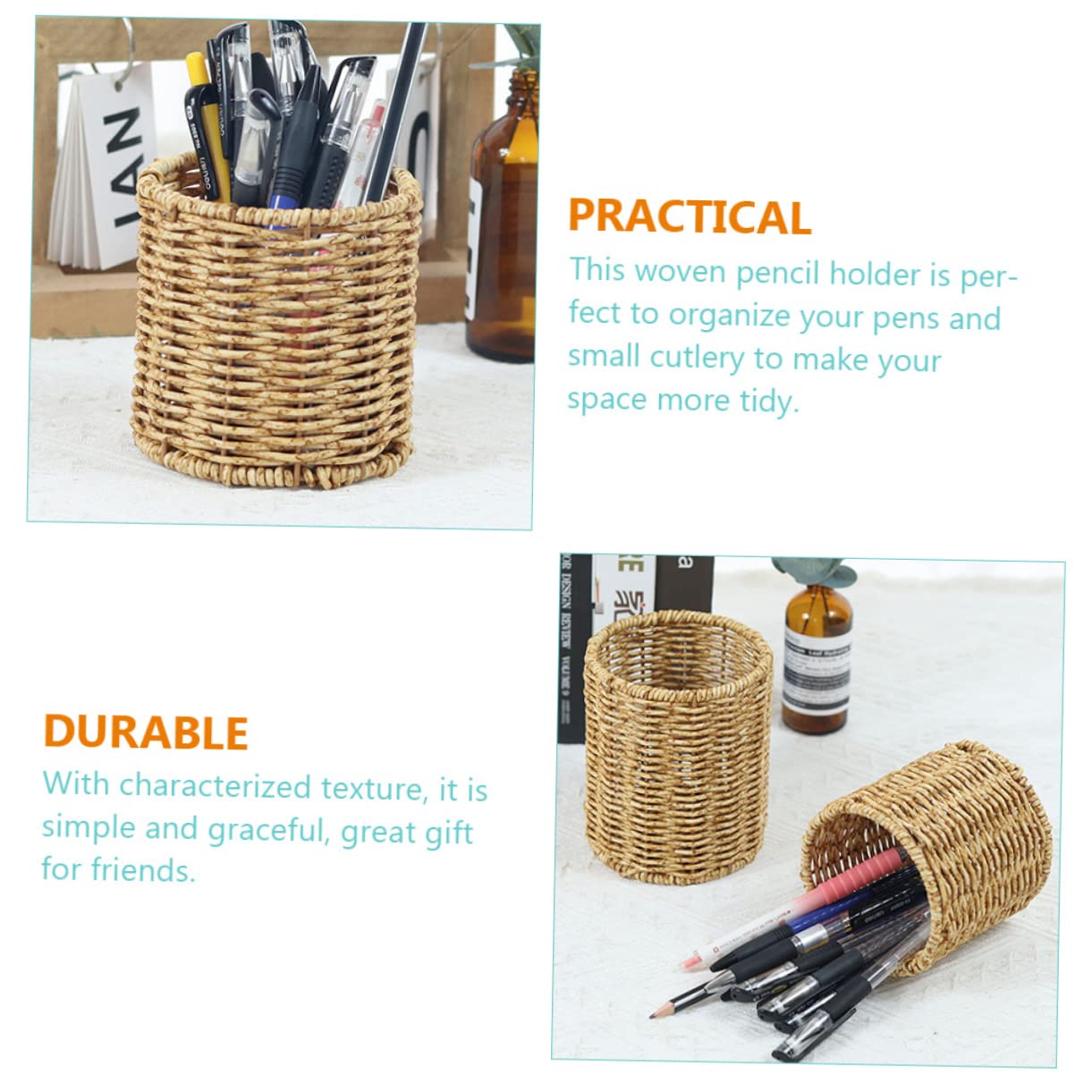 Operitacx 3pièces Porte-stylo Rond Rotin Tressé Organiseur De Bureau Créatif Pot à Crayons Pour Rangement De Bureau Maquillage Décoration Artisanale