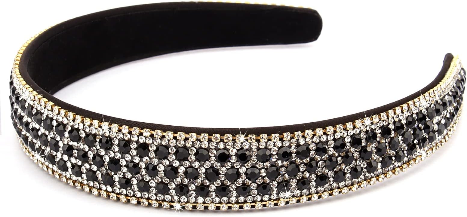 Wecoe Black Headband Rhinestone Headband Women Fashion Crystal Bling Diamond Head Band Glitter Sparkly Hairband Hair Accessories Holiday Halloween Christmas Gifts For Women Ladies (Silver & Black)