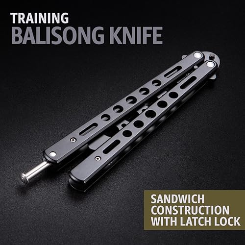 Miniatura 4 de Cuchillo de mariposa - Balisong Trainer - Entrenador de mariposa de práctica negra con pestillo de resorte seguro - Cuchillos Balisong no son