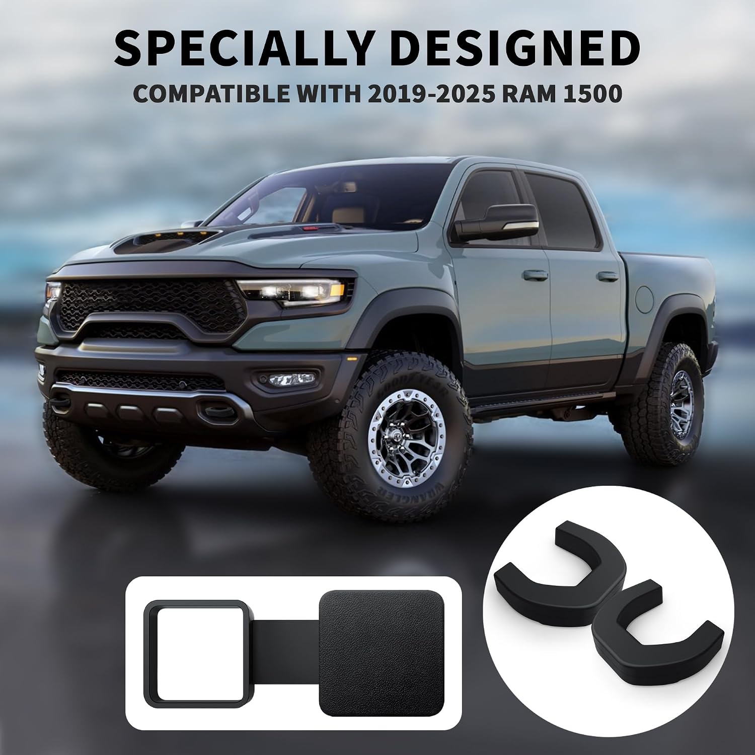 Towing Hook Cover for RAM 1500 Accessories 2019-2025, Paired with Customized 2-Inch Trailer Hitch Receiver Cover, not Easy to Fall Off (Black-Black)