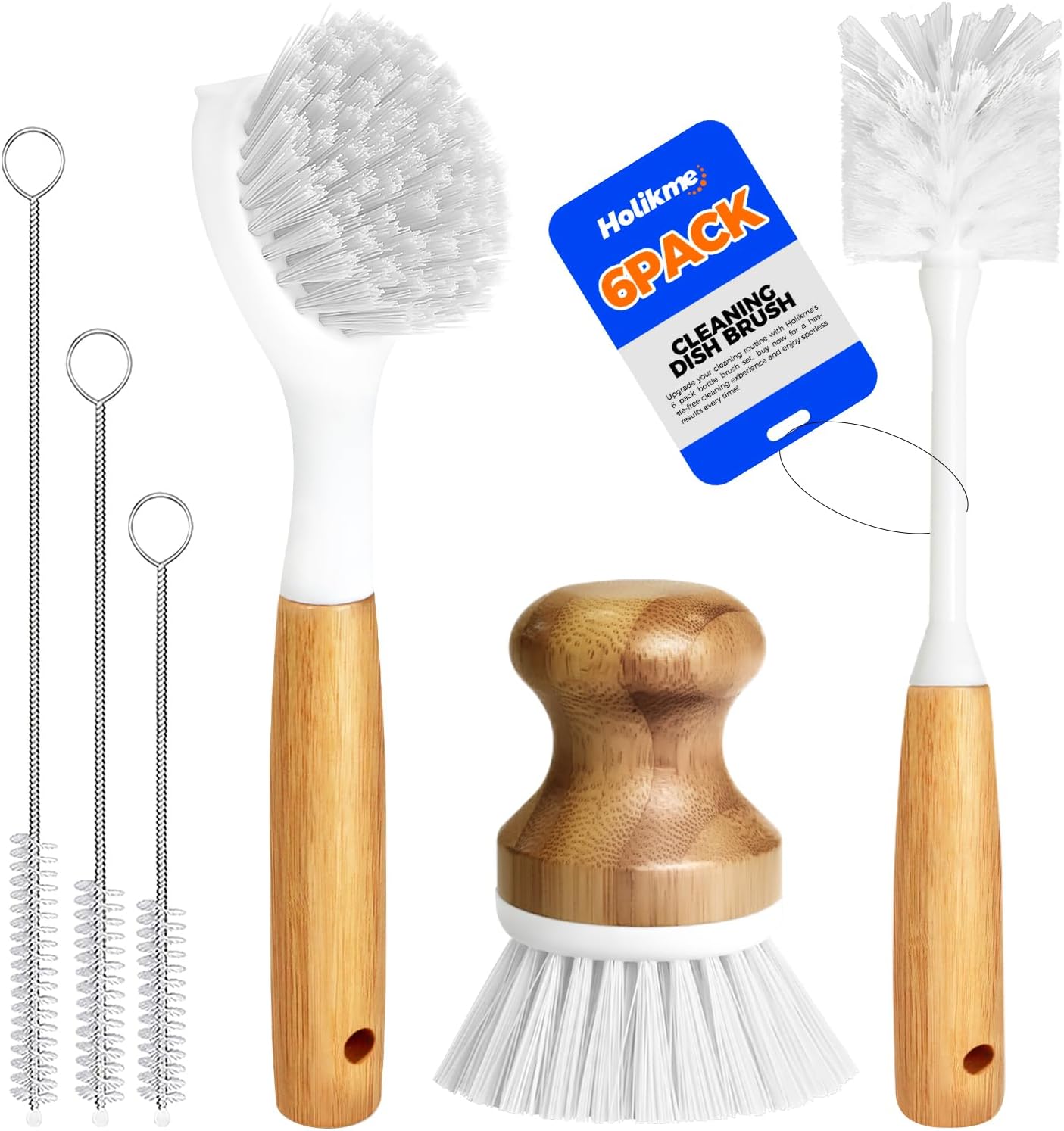 6 Pack Dish Brush Scouring Pad Set with Bottle Brush, Dish Brush, Palm Scrub Brush and Straw Brush, Dish Scrubber Long Handle for Dish Bottle Cup Skillet Wok Pot Pan Cast Iron, White