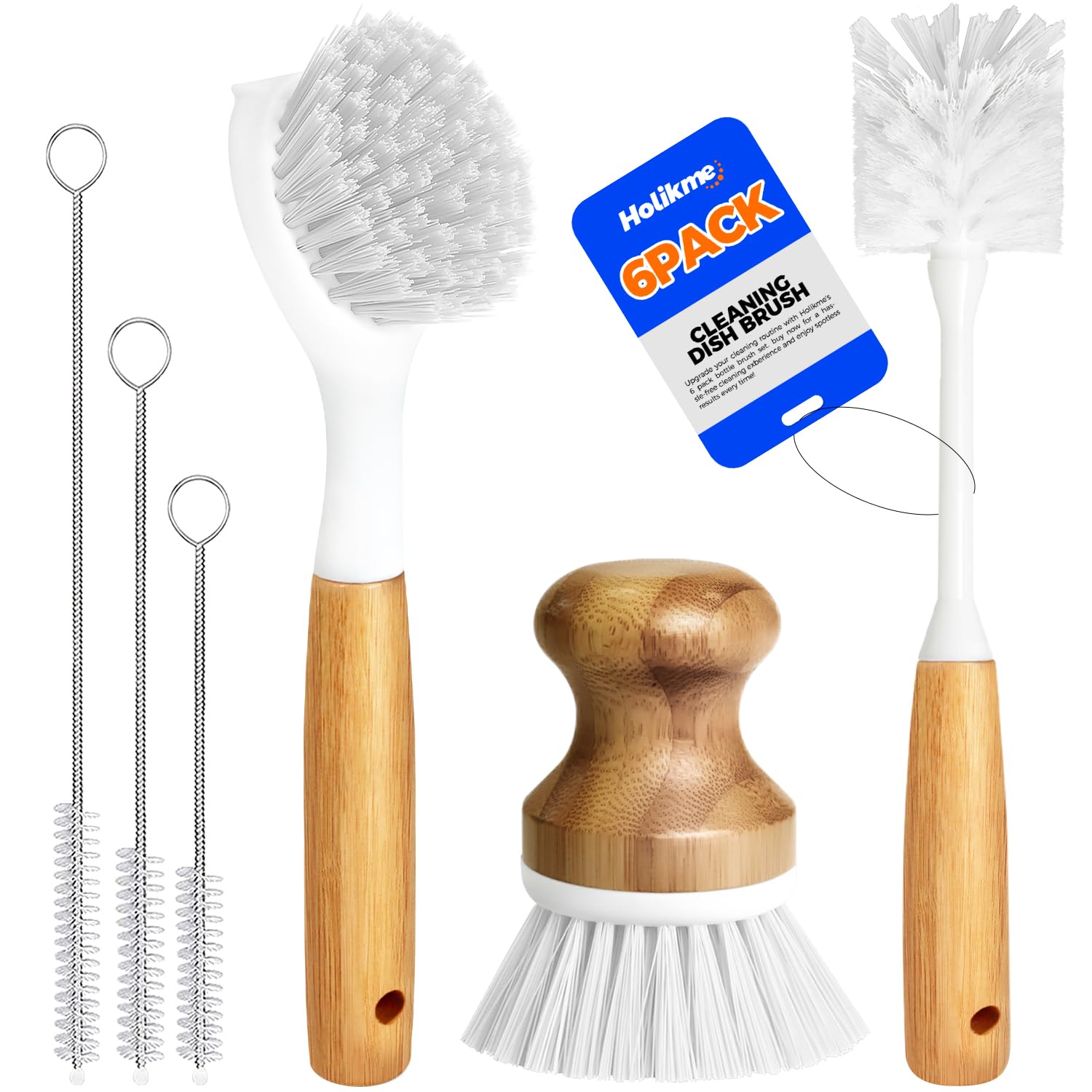 Holikme 6 Pack Dish Brush Kitchen Brushes Set with Bottle Brush, Dish Brush, Palm Scrub Brush and Straw Brush, Fruit Vegetable Cleaning Brushes, Long Handle for Skillet Wok Pot Pan Cast Iron, White