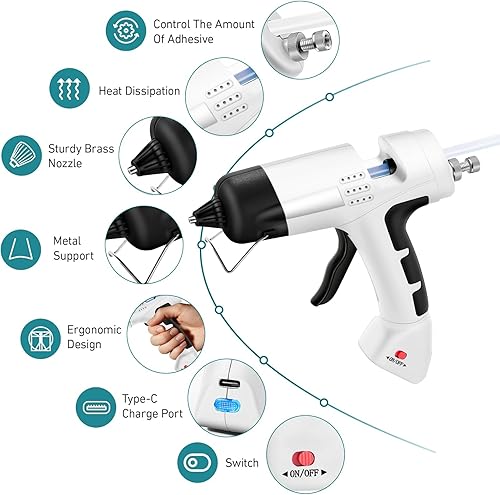Vista 35 de Pistola de pegamento caliente inalámbrica de 20 W, pistola de pegamento con 30 barras de pegamento, pistola de precalentamiento rápido con cargador