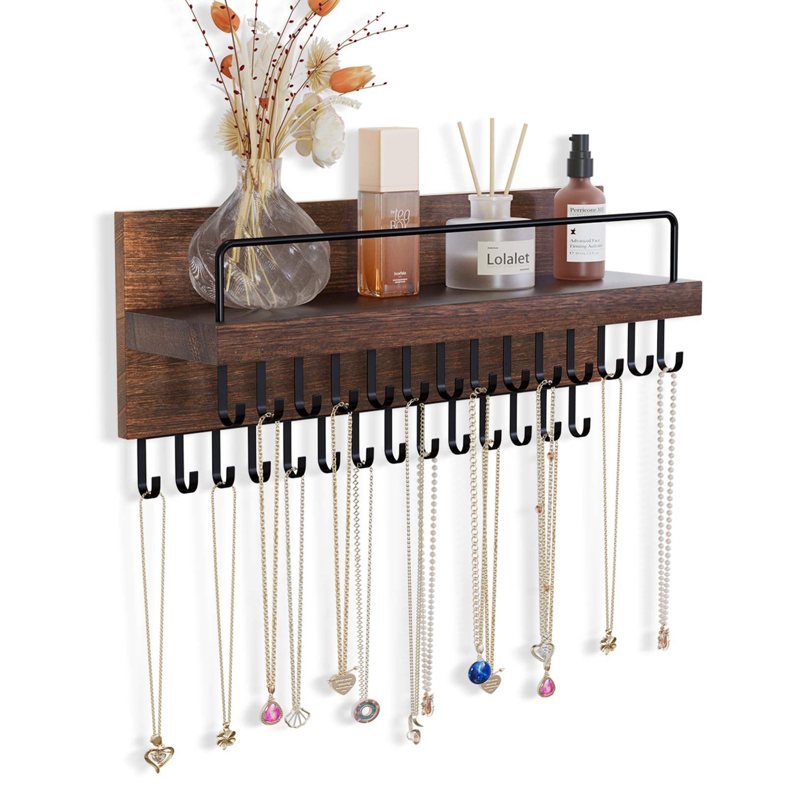 Lolalet Necklace Holder Hanging Necklace Organiser Wall Mounted Jewelry Organizer with 28 Hooks and Perfume Shelf, Wood Necklace Hanger Rack for Bracelets -Brown