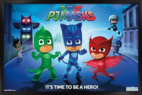 Trends International PJ Masks - Póster de pared con texto en inglés "It's Time To Be A Hero", 22.375 x 34 pulgadas, versión con marco negro